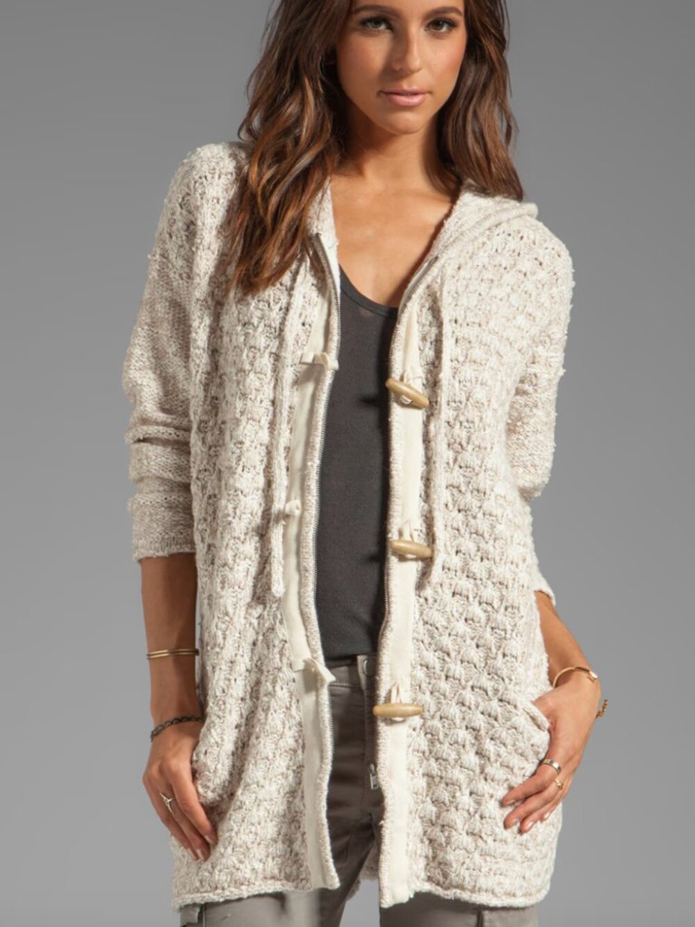 Free People Turn Up The Sun Toggle Knit Coat Hoodie Sweater Oatmeal Cream sz XS - Picture 5 of 5